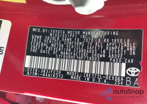 2017 Toyota Corolla Se from USA, damaged, VIN 5YFBURHE1HP719003